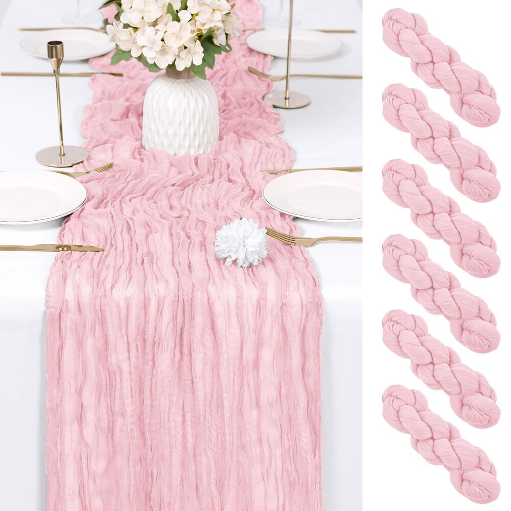 6 Pack 17x108 Inch Light Pink Cheesecloth Table Runner, Semi Sheer Boho Gauze